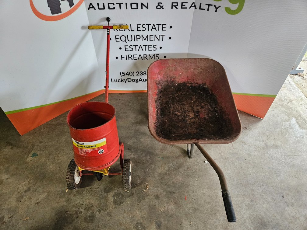 Ortho Lawn Spreader and Metal Wheelbarrow 