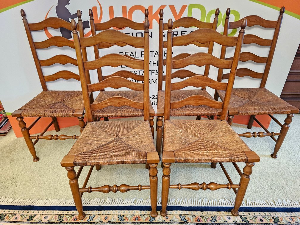 Mid 20th Century Henkel Harris Solid Cherry Ladder Back Rush Seat Dining Chairs - 6 Included