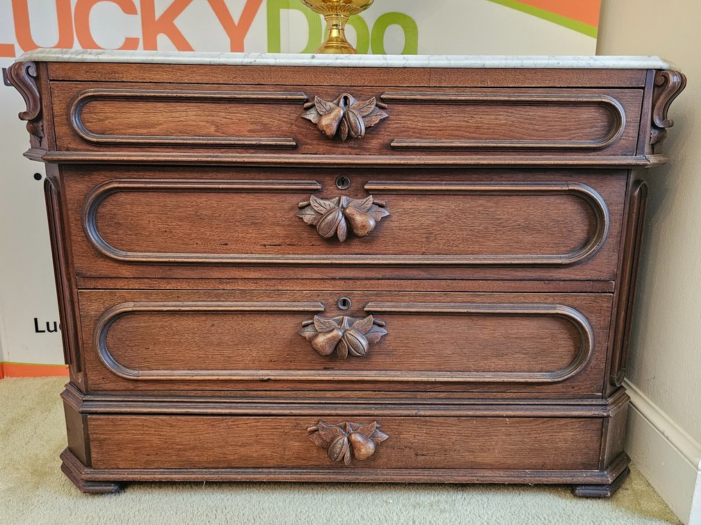 Antique Eastlake Victorian Marble Top Dresser w/ Hand-Carved Fruit Handles - Measures 33" Tall x 47" Wide x 22" Deep
