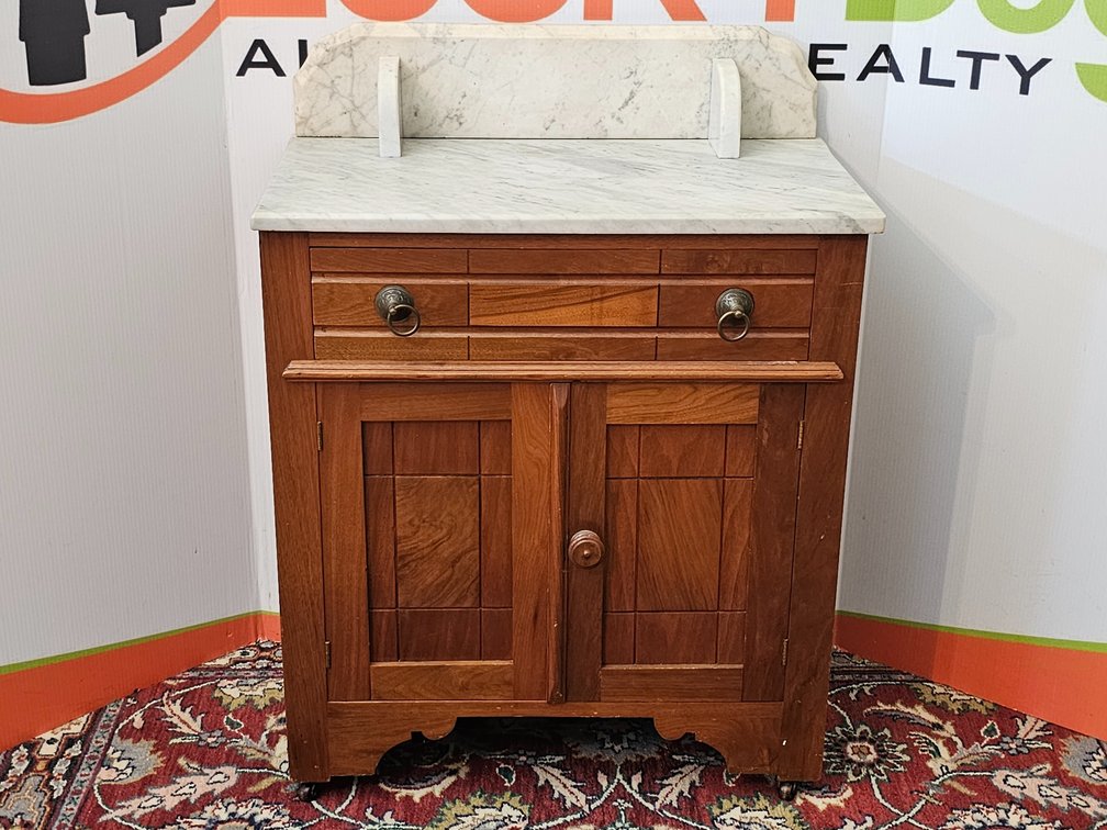 Victorian Walnut  Marble-Top Wash Stand - Measures 35" Tall x 26" Wide x 14.5" Deep