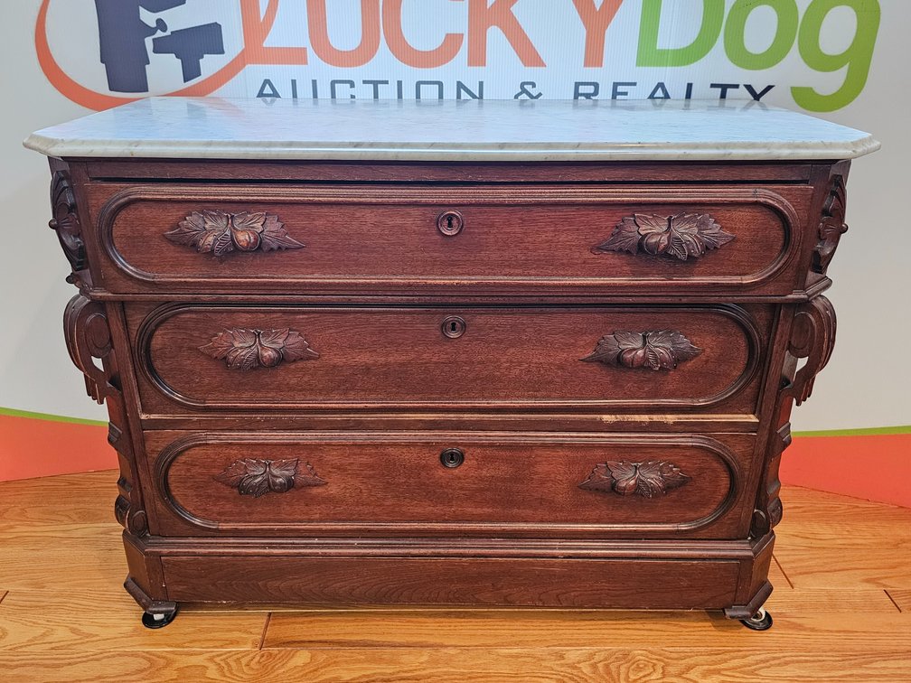 Antique Victorian Eastlake Mahogany Wood Marble Top Carved Handles 3-Drawer Chest of Drawers  - Measures 33" Tall x 45" Wide x 20" Deep