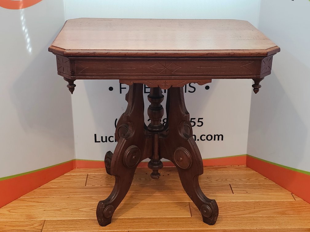 Antique Eastlake Carved Walnut Parlor Table - Measures 28" Tall x 30" Wide x 22" Deep