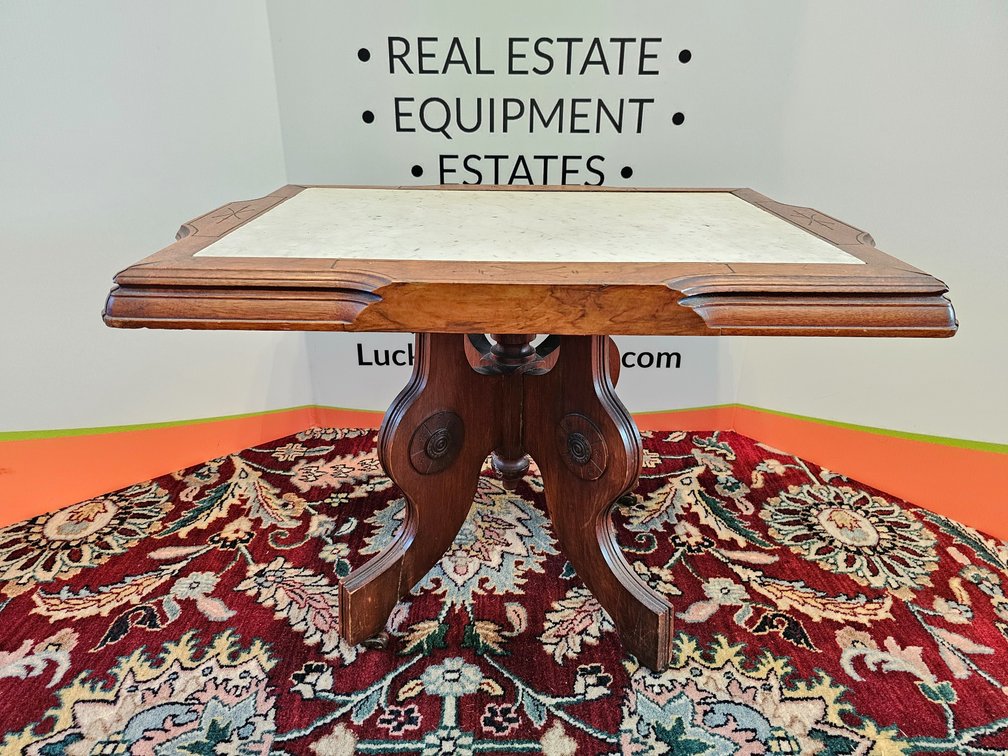 Late 19th Century Victorian Eastlake Marble-Top Parlor Table - Measures 19.5" Tall x 28" Wide x 20" Deep