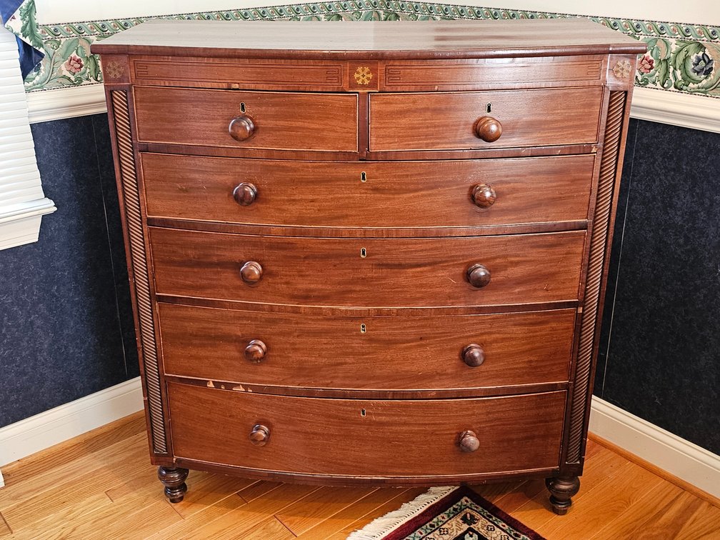 Late 19th Century English Mahogany Bow Front Chest of Drawers- Measures 49.5" Tall x 46" Wide x 22.5" Deep