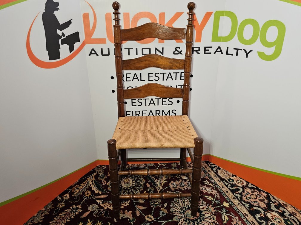 Antique Walnut Wood Ladderback Dining Side Chair Rust Seat - Measures 43" Tall