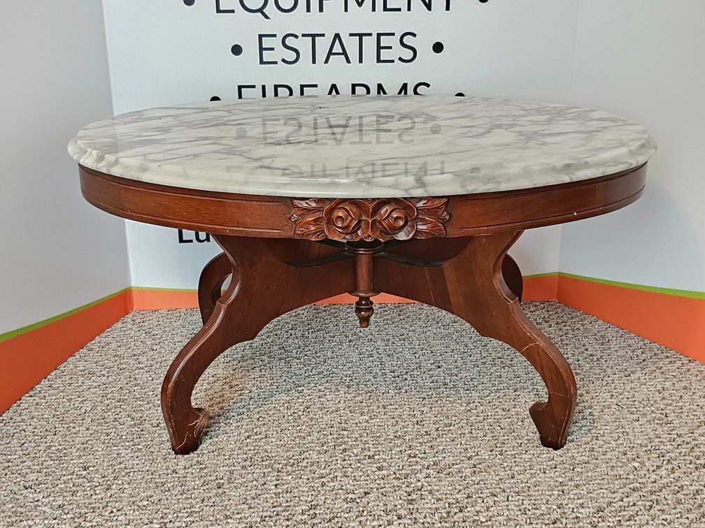 Carved Victorian Style Oval Coffee Table with Marble Top - Measures 16" Tall x 34" Wide x 22" Deep