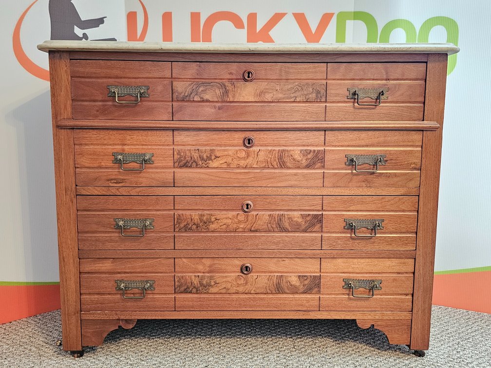 Marble-Top English Eastlake Chest of Drawers - Circa 1870's - Measures 34" Tall x 42" Wide x 18" Deep