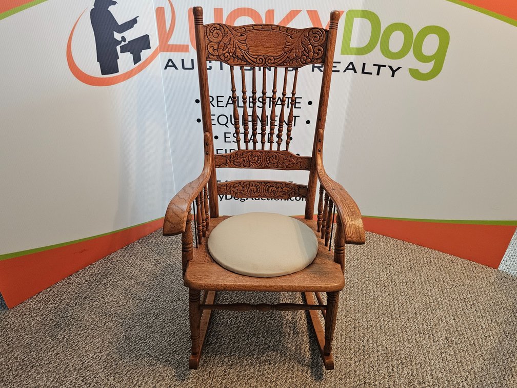 Antique Double-Pressed Back Solid-Oak Rocking Chair w/ Cushioned Bottom - Measures 41" Tall 