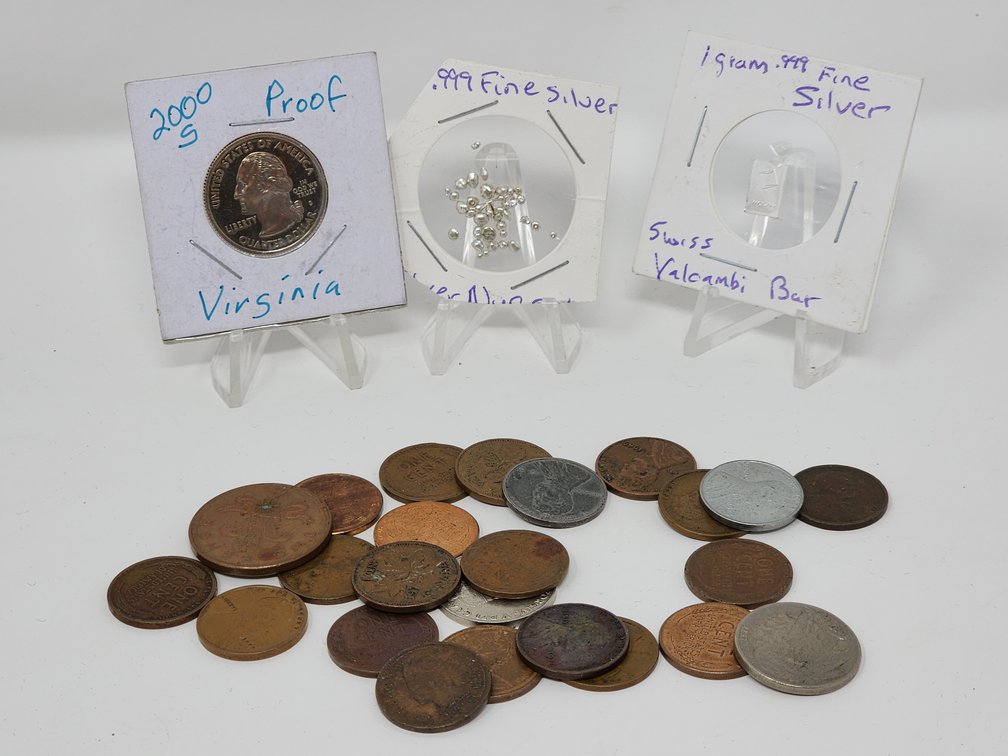 1 Gram Valcambi Bar .999 Silver Bar - .999 Fine Silver Nuggets - 2000S Proof Virginia Quarter - Assorted Foreign and American Coins 