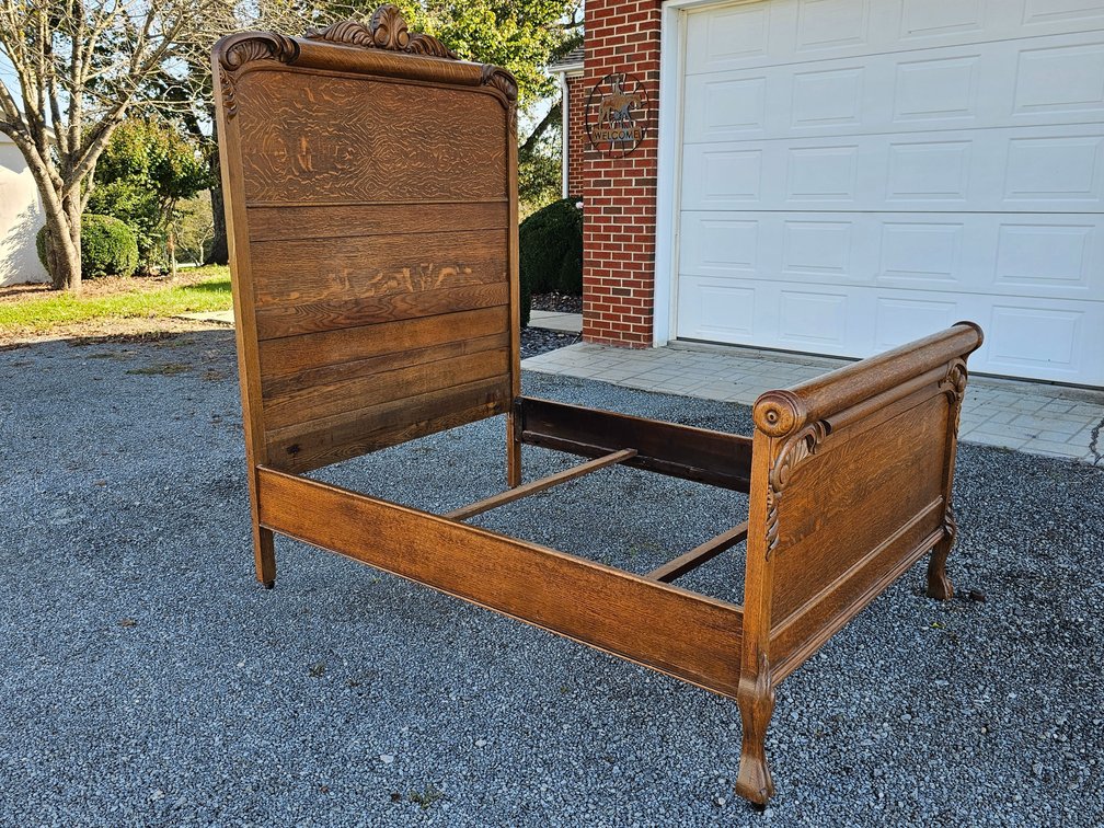 Antique Solid-Oak Clawfoot Bed - Measures 80.5" Tall x 55" Wide x 79" Deep