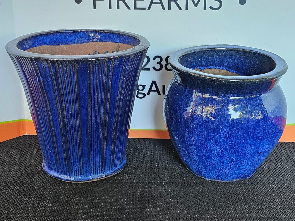 (2) Blue Glazed Pottery Flower Pots - 13" and 11" Tall