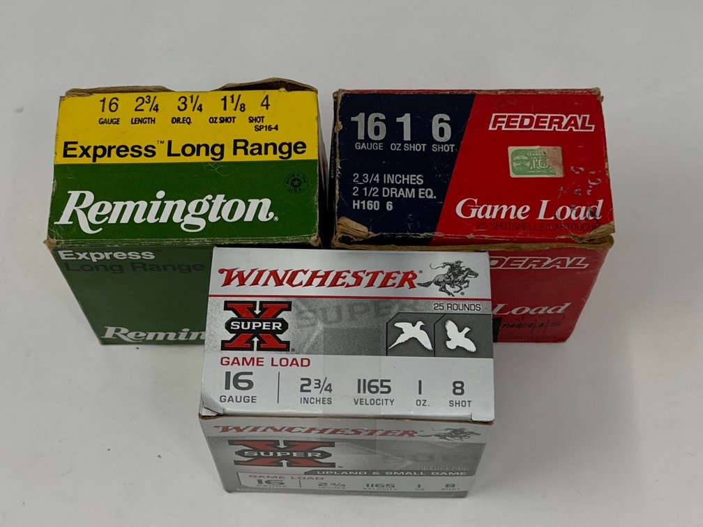Remington 16 Ga 2.75” 4 Shot - Federal 16 Ga 2.75” 6 Shot, Missing 6 - Winchester 16 Ga 2.75” 8 Shot, Missing 4 - 65Rds Total