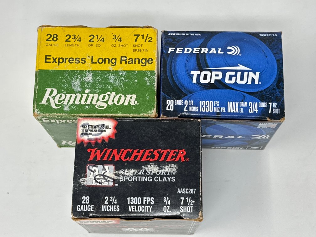 Remington 28 Ga 2.75” 7.5 Shot, Missing 3 - Federal Top Gun 28 Ga 2.75” 7.5 Shot - Winchester AA 28 Ga 2.75” 7.5 Shot, Missing 1 - 71rds Total 