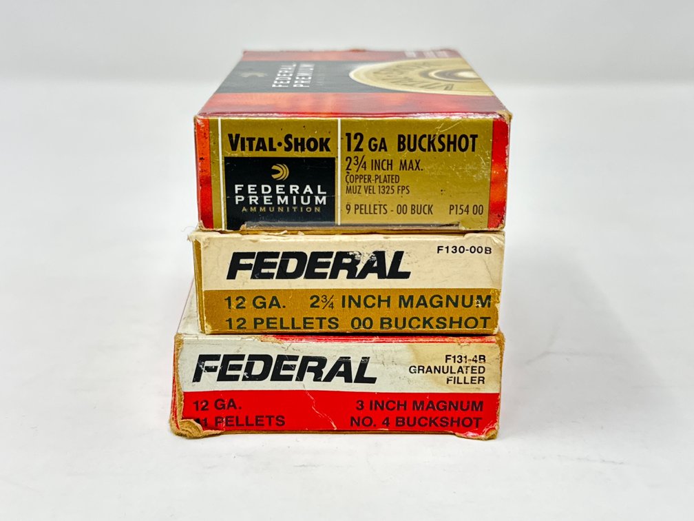 Federal 12 Ga 2.75” Magnum 00 Buckshot - Federal 3” Magnum #4 Buckshot - Federal Vital-Shok 12 Ga 2.75” 00 Buckshot - (3) Boxes of 5, 15rds Total