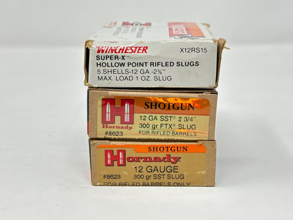 Hornady 12 Ga 2.75” 300 Gr FTX Slug - Hornady 12 Ga 2.75” 300 Gr SST Slug - Winchester Super X 12 Ga 2.75” 1oz Slug - (3) Boxes of 5, 15rds Total