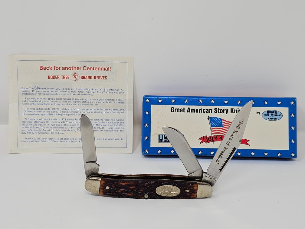 Boker (USA ) Tree Brand 1781 - Great American Story 3-Blade Knife - 200 Years of Freedom - July 4, 1976 - w/ Box and Paper 