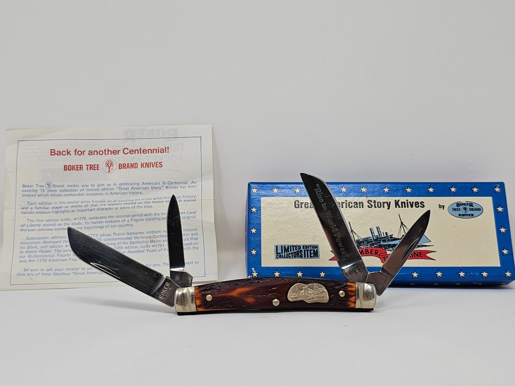 Boker (USA) Tree Brand 1778 - Great American Story 4-Blade Knife - Rise To World Power - Remember The Maine - w/ Box and Paper 