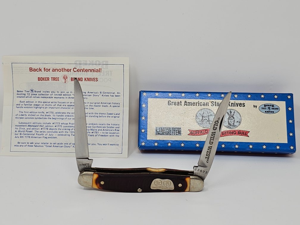 Boker (USA ) Tree Brand 1777 - Great American Story 2-Blade Knife - Old Wild West - Buffalo Bill and Sitting Bull  - w/ Box and Paper 