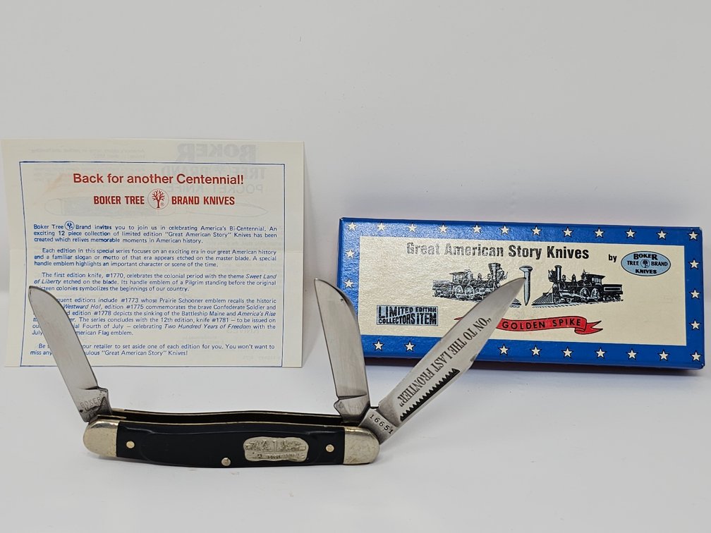 Boker (USA ) Tree Brand 1776 - Great American Story 3-Blade Knife - On To The Last Frontier - The Golden Spike - w/ Box and Paper 
