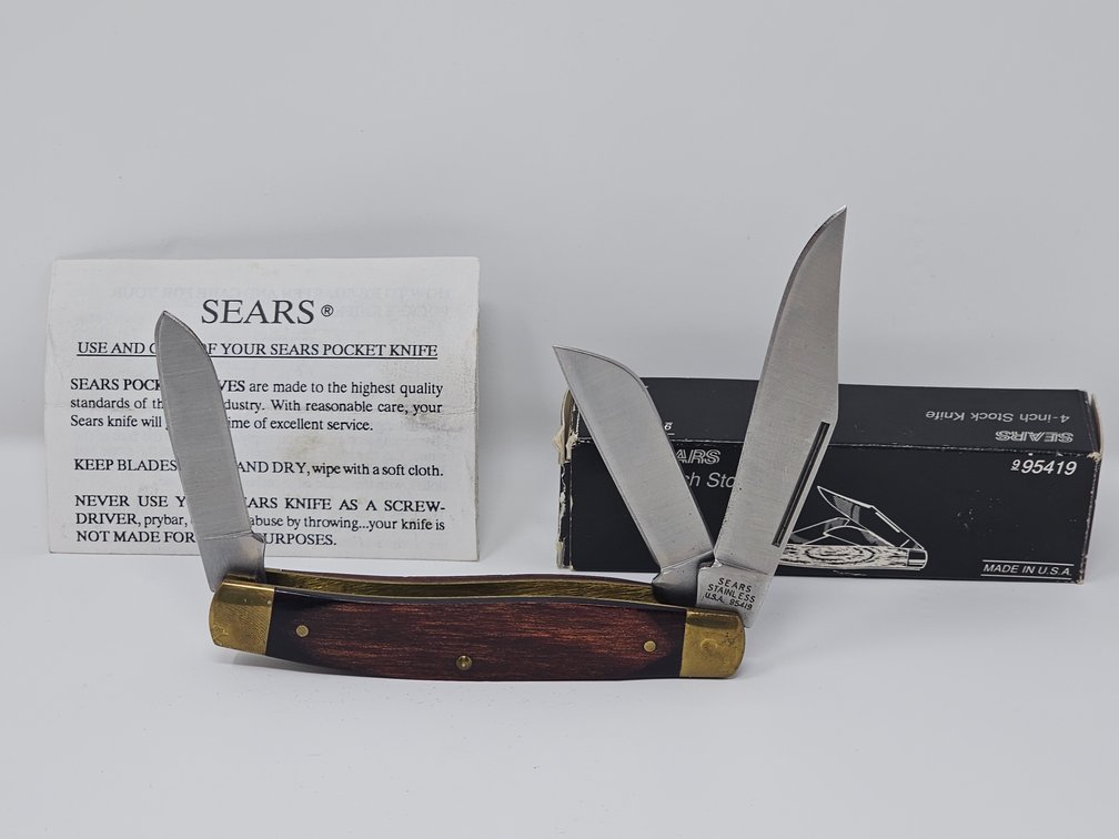 Vintage 4" Sears USA 3-Blade Pocket Knife w/ Box and Paper 