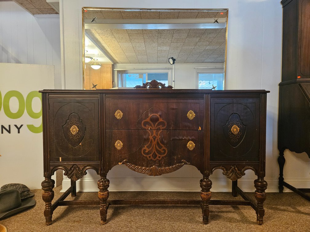 Antique Wooden Buffet W/Wall Hanging Mirror Measures - 38" Tall × 60" Wide × 20" Deep