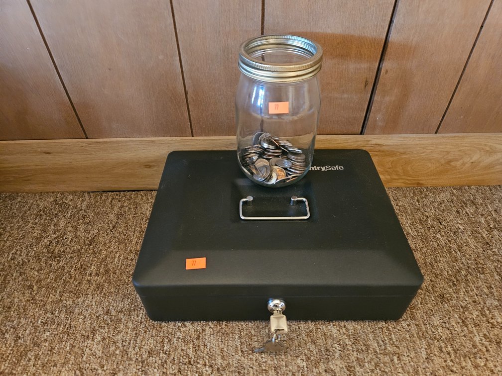 Sentry Safe Money Box W/Key and Mason Jar W/Unsearched Change