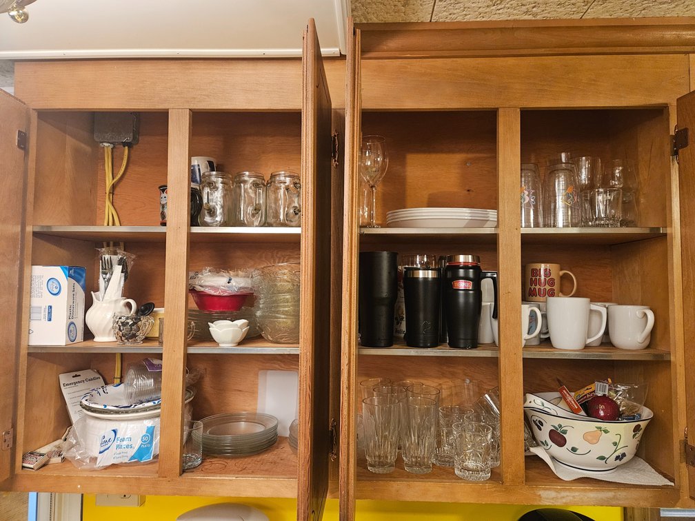 Upper Kitchen Cabinet Contents Glassware - Dishes - Corning Ware and More 