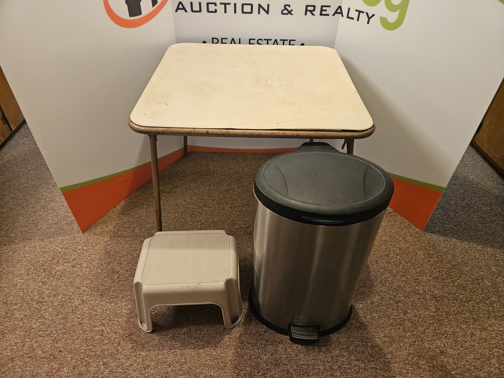 Folding Table 27"×33"×33" - Stainless Steel Trash Can and Plastic Step Stool 10"×14"×12"