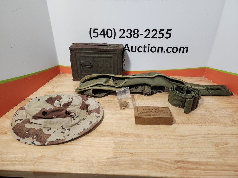 WW2 .45 Pistol Ball Ammo Seller Says Manufactued in 1942 - US Army Pistol Belt - WW2 M1 Carbine Belt Holster Made in 1943 - WW2 Ammo Can