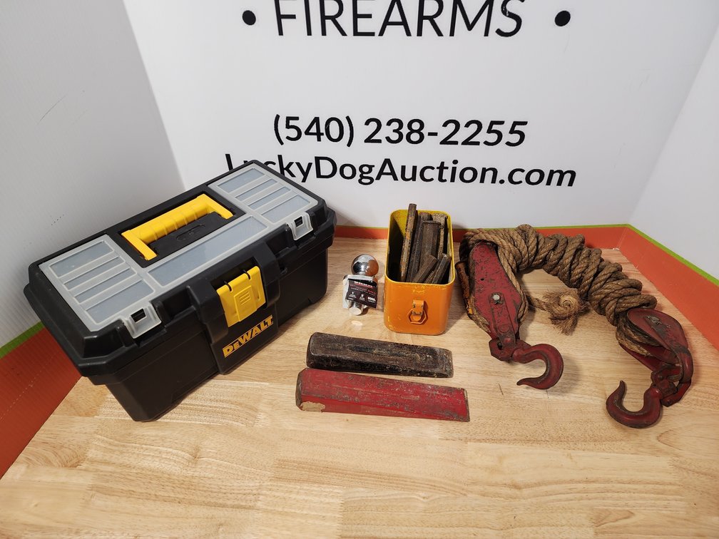 Dewalt Plastic Toolbox - Splitting Wedged (2) - Assorted Chisels and Punches - Rope Pulley - Brok 2" Hitch Ball 