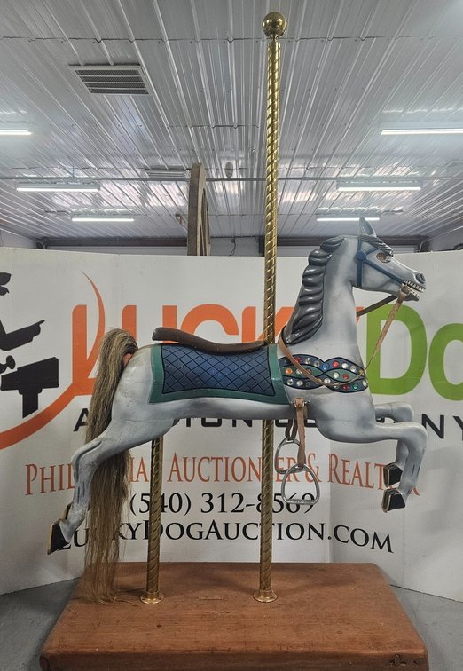 Reproduction Armitage Herschell Carousel Horse Hand Carved By Harold J. Pistol In Bucks County PA. Measures 77" Tall × 46" Wide × 23" Deep