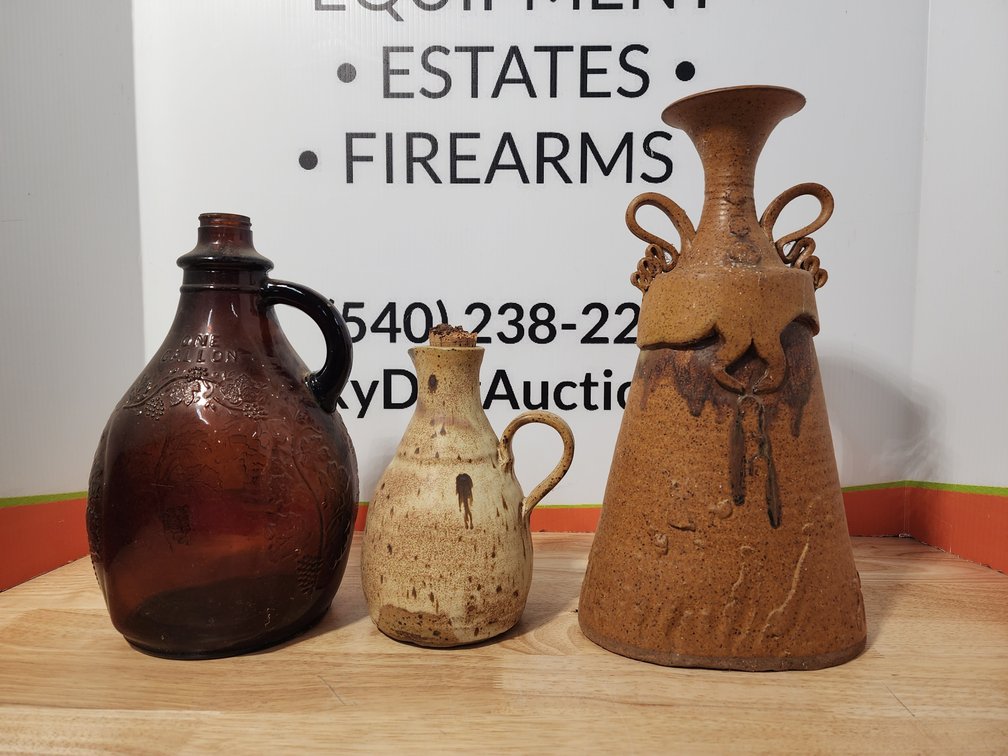 Pottery Folk Art Vase Measures 15" Tall  - Stoneware Pottery Pitcher Measures 9" - Maywood Grape 1 Gallon Glass Jug 