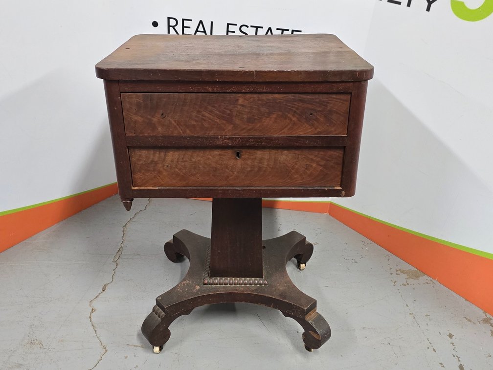 2 Drawer Wooden Work Table on Wheels - Missing 1 Wheel - 31" T x 22" W x 18" D