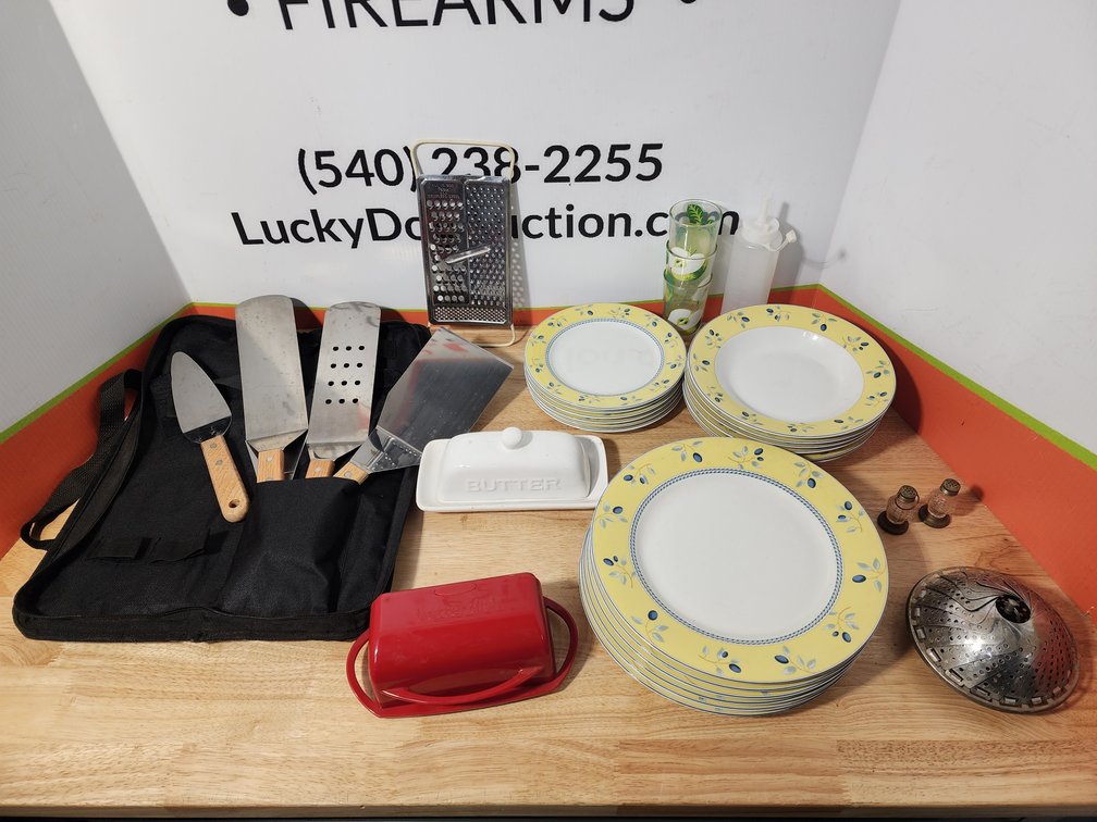 Royal Doylton "Blueberry" Plates and Bowls (18) Pieces Included - Grill Tools Set - Butter Containers - Cheese Grader and More 