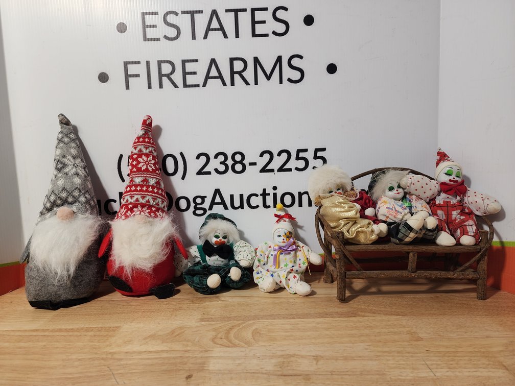 Porcelain Clown Dolls (5) w/ Wooden Bench - Christmas Plush Gnomes (2) 