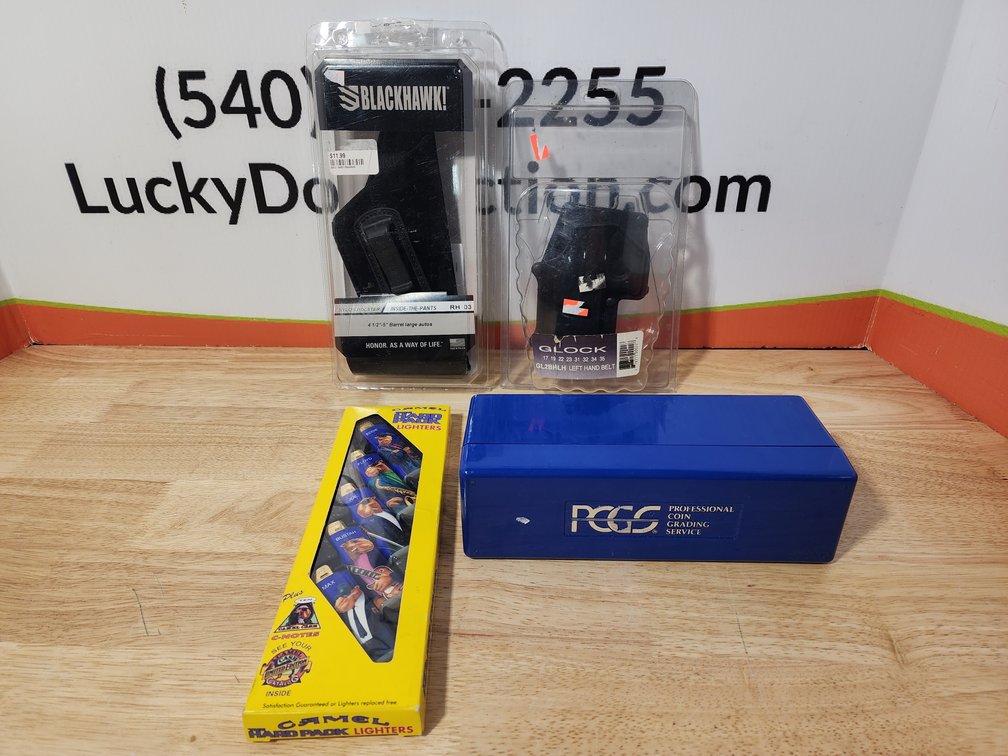 Blackhawk Large Autos Inside The Pants Holster - Glock Left Hand Belt Holster - Camel "The Hard Pack" Lighters - PCGS Graded Coin Plastic Storage Case