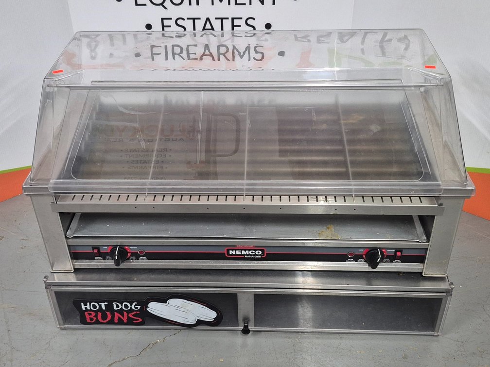 Nemco Roll-A-Grill Hot Dog Cooker W/Bun Storage and Plastic Guard Measures -18" Tall × 36" Wide × 17" Deep