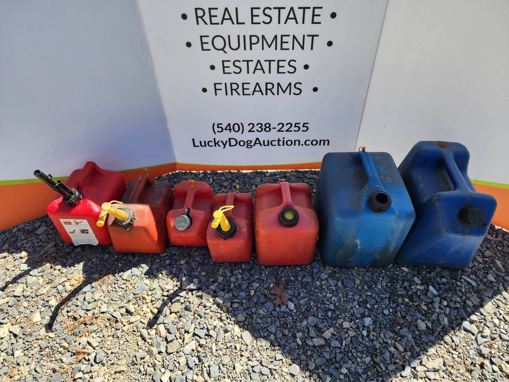 Assorted Fuel Cans 5 Gallon - 2 Gallon and 1 Gallon