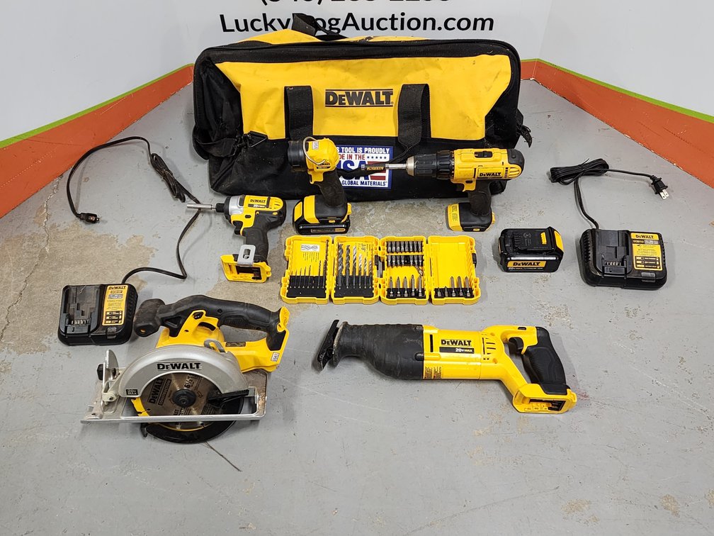 Dewalt 20V Cordless Tools Drill - Impact - Worklight - Skillsaw - Sawzall w/ (2) Batteries and (2) Chargers and Drill Bits 