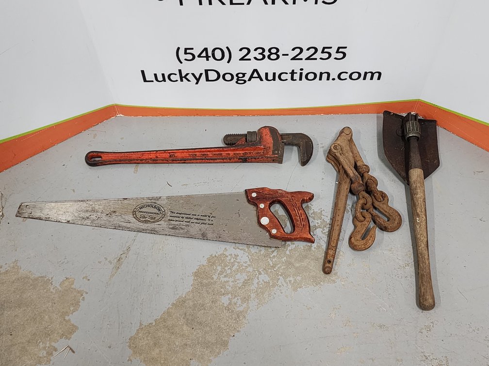 Folding Military Style Shovel - Snap Chain Binder - Nicholson Hand Saw - Ridgid 24" Pipe Wrench 