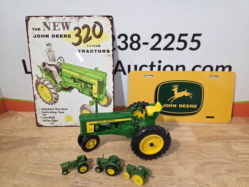 John Deere 320 Metal Sign - John Deere License Plate - John Ddete Model 520 50th Anniversary Die Cast Replica - (3) Small Tractor Replicas 