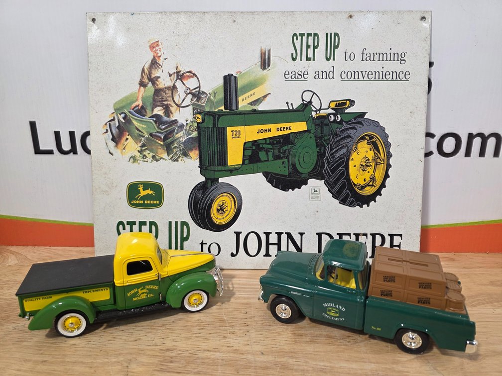 John Deere Metal Sign - John Deere Die Cast 1940 Ford - John Deere Ertyle Die Cast 1955 General Motors Truck 
