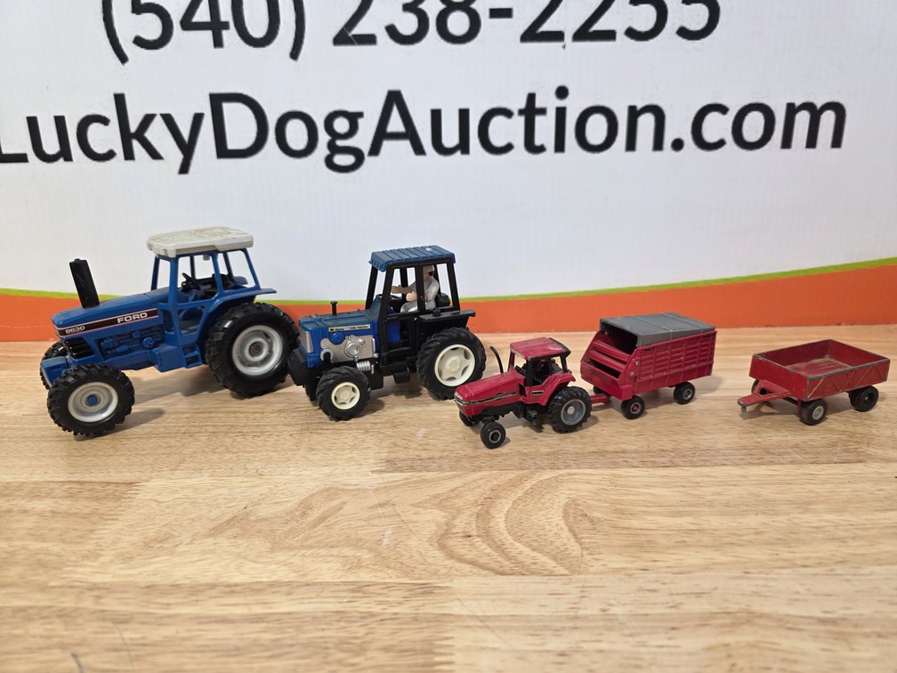 Ford Diecast Tractor - Plastic Alpha Tractor - Die Cast Case Tractor w/ Attachment - Vintage Tootsietoy Wagon