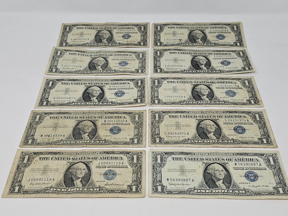 Group of 10 - $1 Dollar Silver Certificates - Series 1935-H - 1957-A - 1957-B - 1957 - 10 Included 