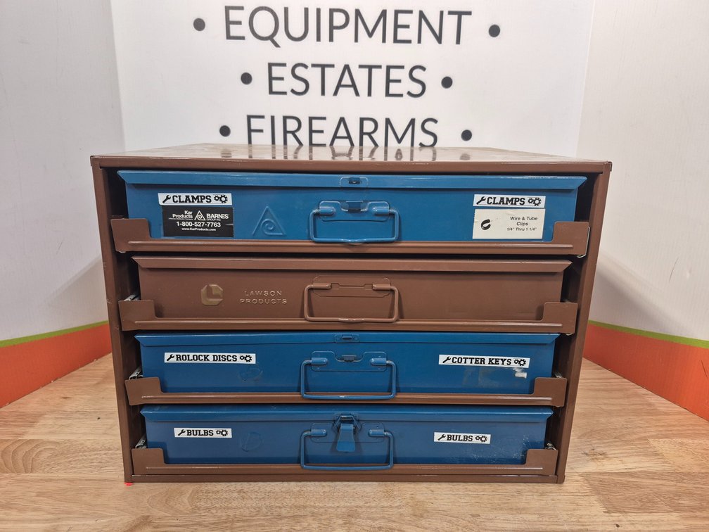 Lawson Products 4 Drawer Small Parts Storage W/Removable Boxes -Wire & Tube Clips - Rolock Disc - Cotter Keys and Bulbs Measures - 15" Tall × 20.5" Wide × 17" Deep