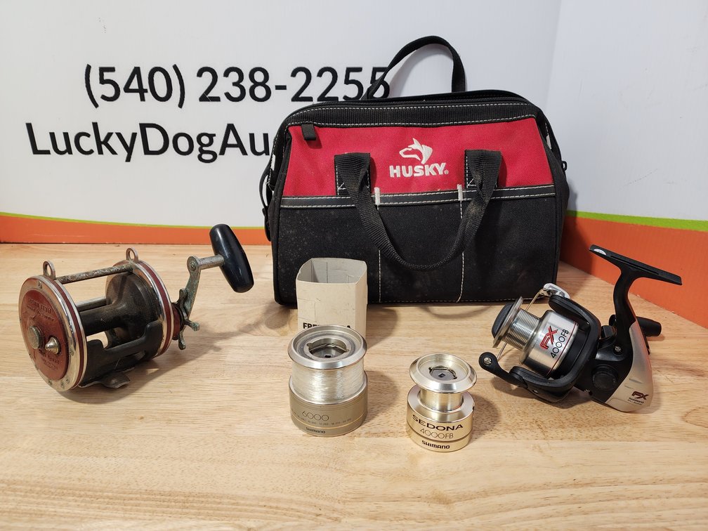 Penn 113H Senator Fishing Reel - Shimano FX 4000FB Spinning Reel - Shimano Spinning Reel Spools - Husky Tool Bag 