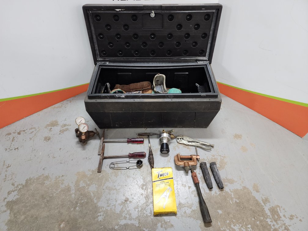 Delta Hopper Plastic Storage Box w/ Assorted Welding Gear and Supplies  