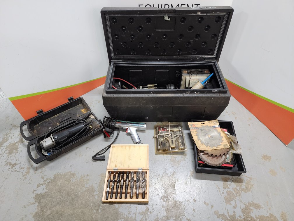 Sears Craftsman Corded Angle Grinder - Drill Bits - Sears Craftsman Inductive Timing Light - Delta Hopper Plastic Storage Box w/ Contents 