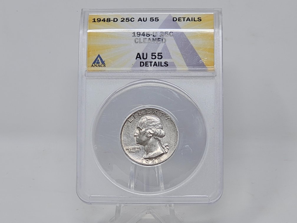 1948-D Washington Silver Quarter - Cleaned - AU 55 Details 