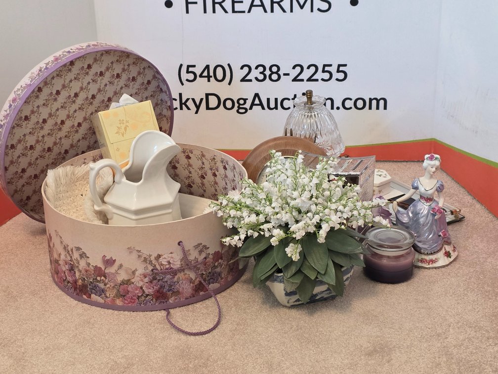 Decorative Hat Box - Artificial Flowers - Candle - Glass Lamp - Mirrored Tray - Pitcher and Basin